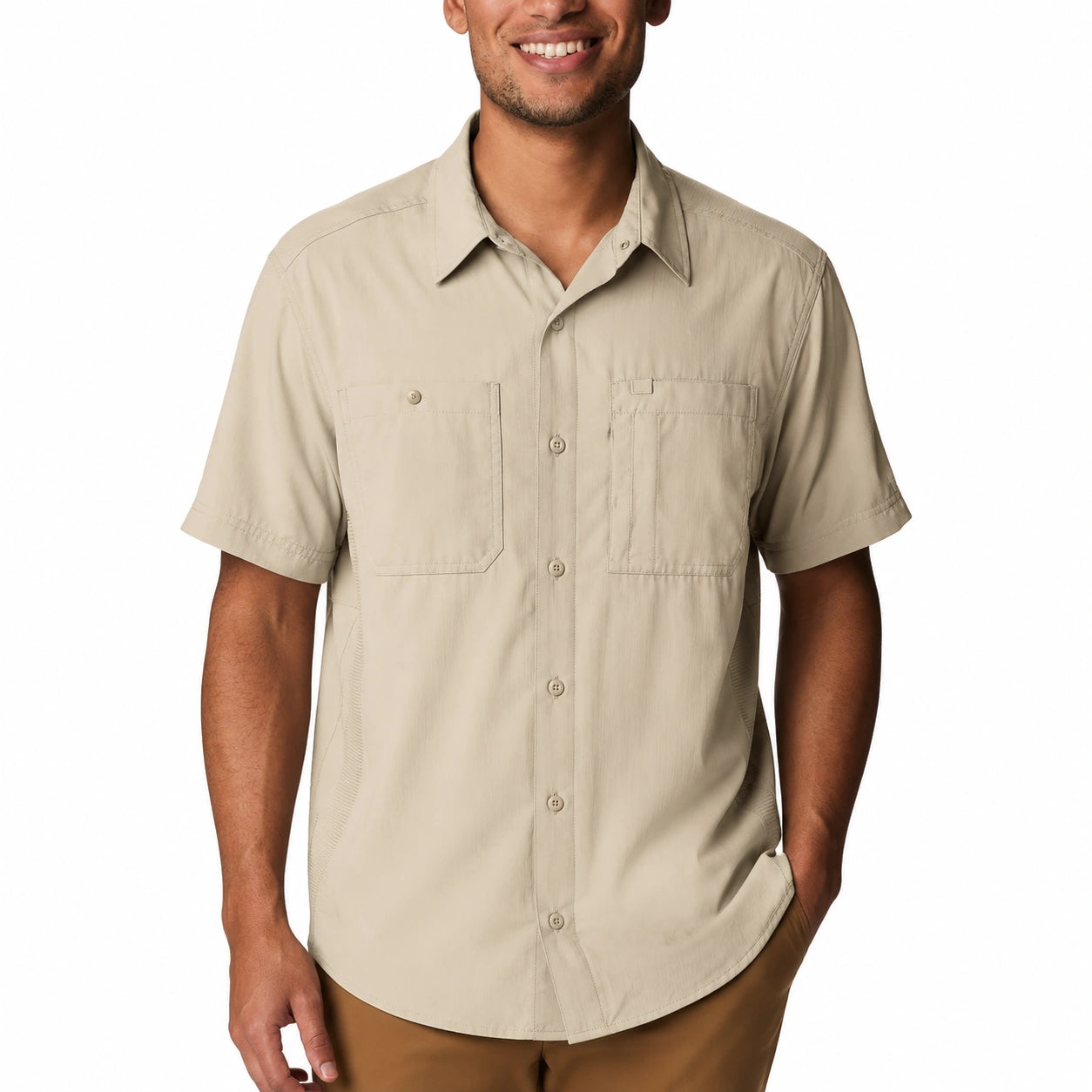 Camicia uomo M beige in tessuto a maniche corte con tasche sul petto stile casual