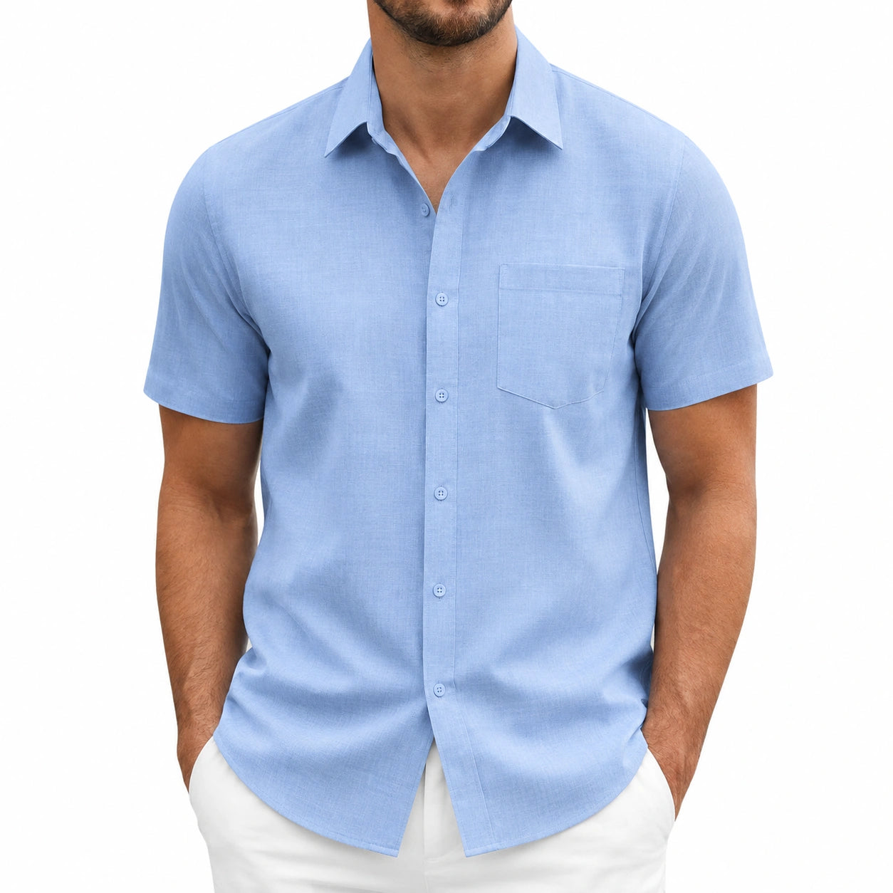 Camicia uomo M in tessuto azzurro a maniche corte con taschino