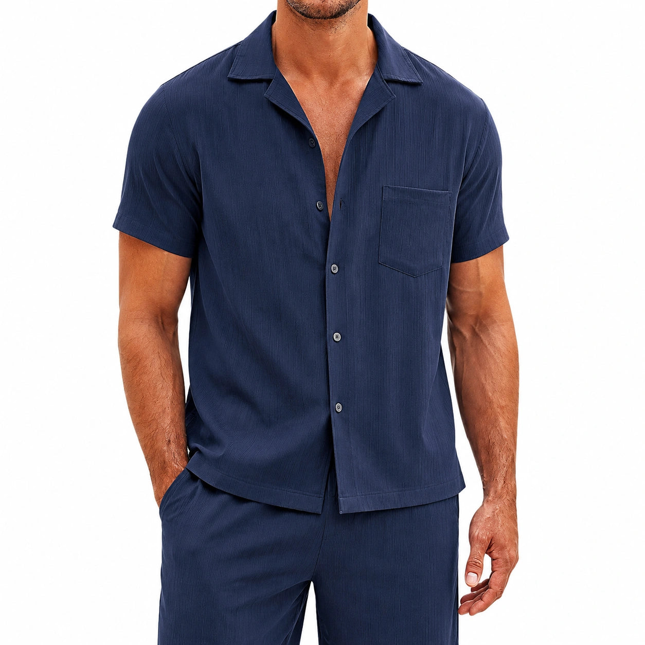 Camicia uomo L in tessuto blu navy a maniche corte stile casual