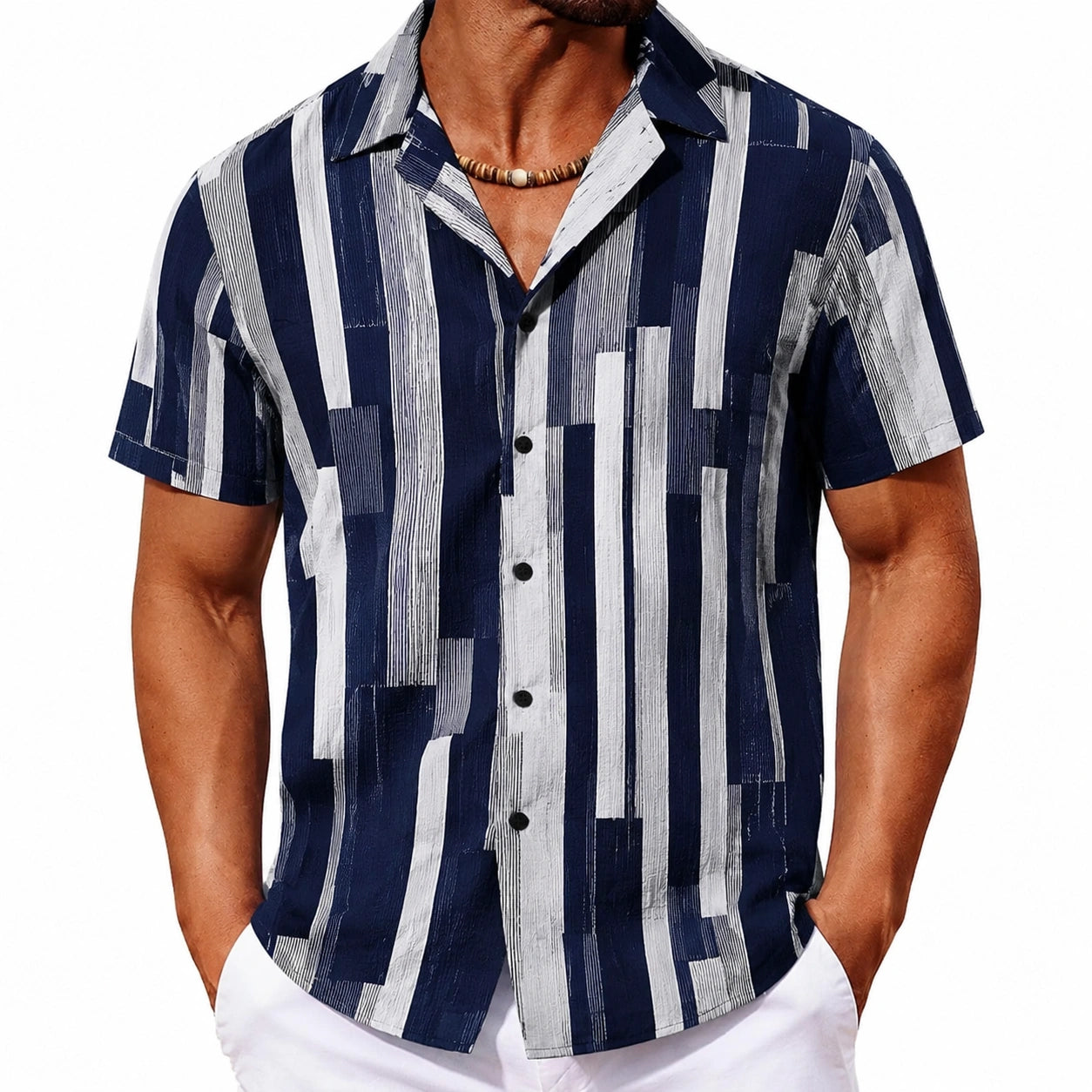 Camicia uomo L blu navy e bianco a maniche corte con stampa geometrica