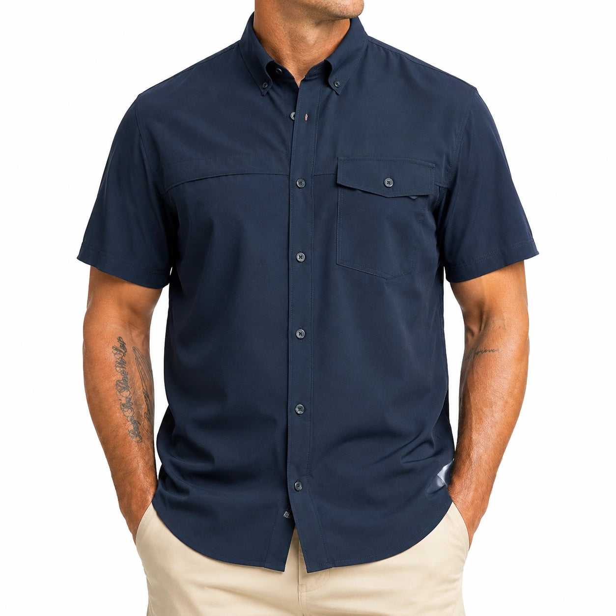 Camicia uomo L in tessuto blu navy a maniche corte con tasca stile casual