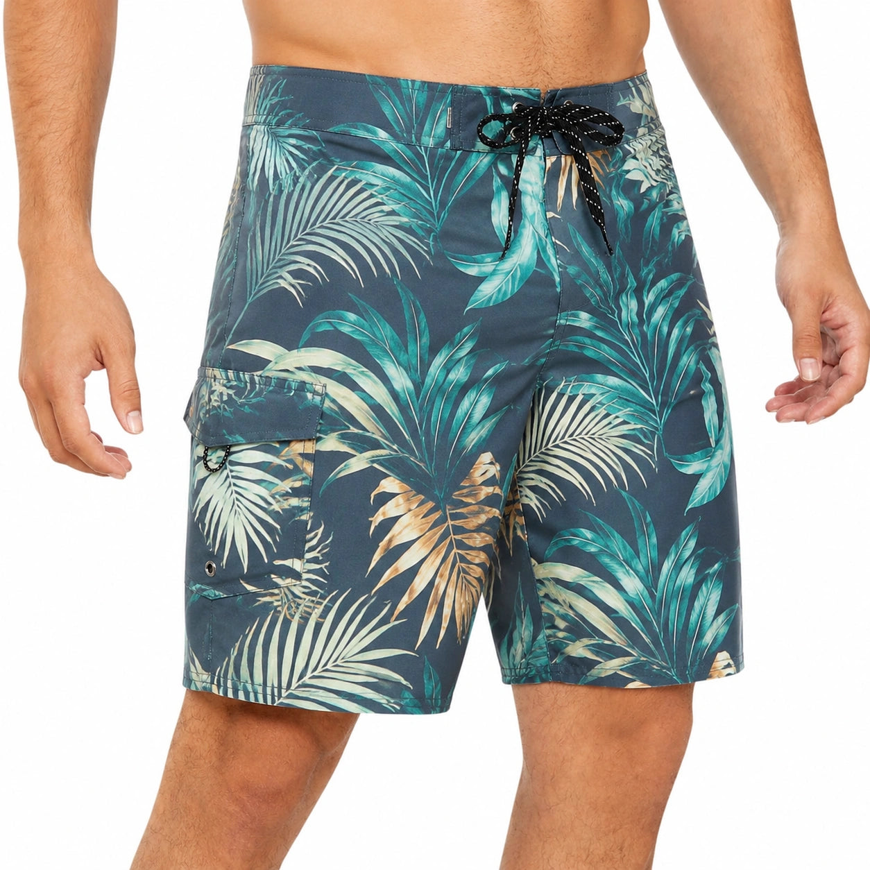 Costume da bagno uomo taglia M blu con stampa tropicale e tasca laterale