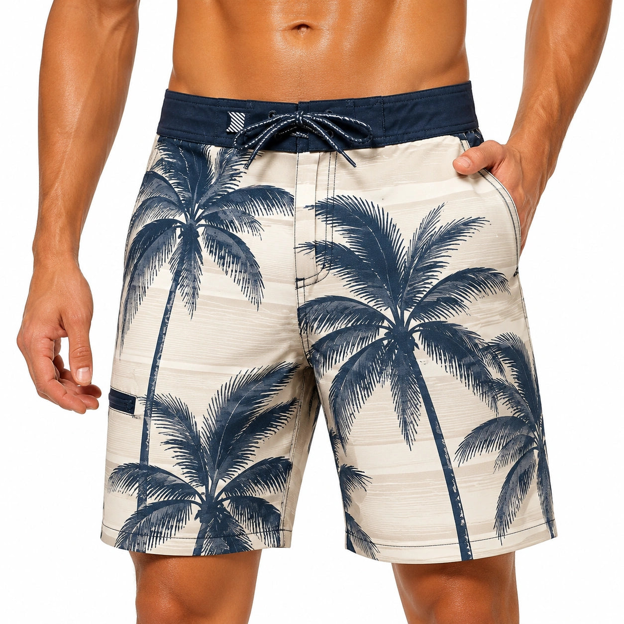 Costume da bagno uomo taglia M in tessuto beige e blu navy con stampa palme e tasche