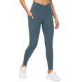 Leggings donna S in tessuto elasticizzato blu petrolio - vita alta con tasca laterale
