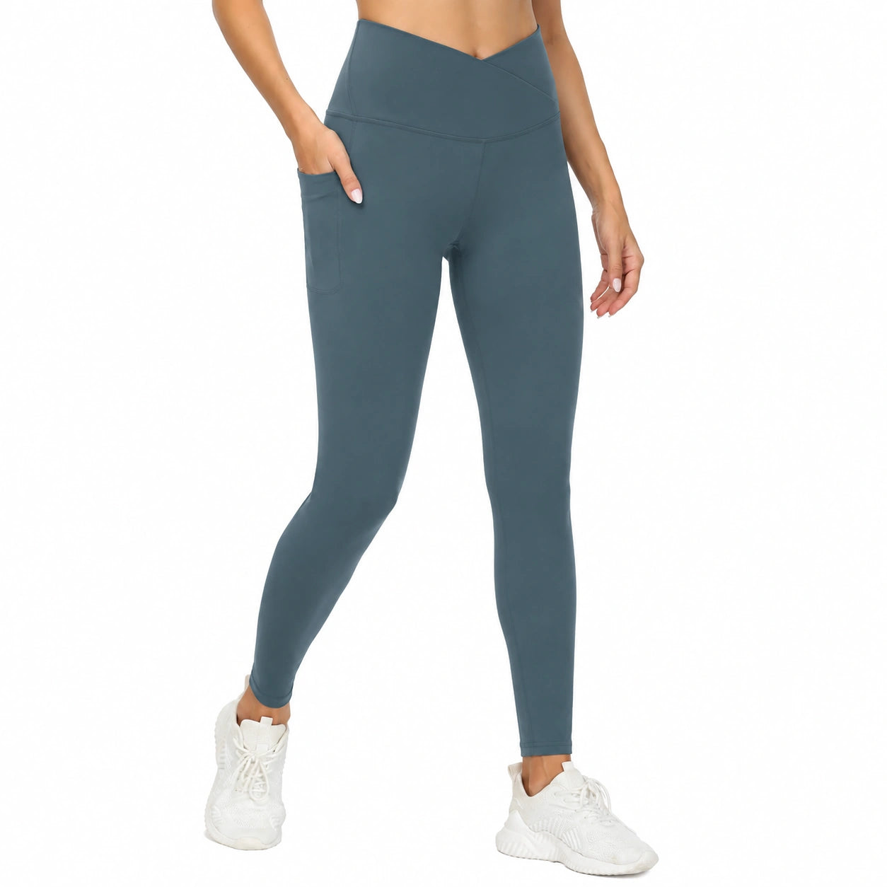 Leggings donna S in tessuto elasticizzato blu petrolio - vita alta con tasca laterale