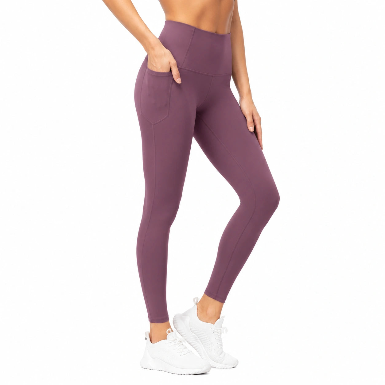 Leggings sportivi M in tessuto elasticizzato viola a vita alta con tasca laterale