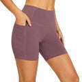 Pantaloncini sportivi donna S in tessuto elasticizzato malva a vita alta con tasche
