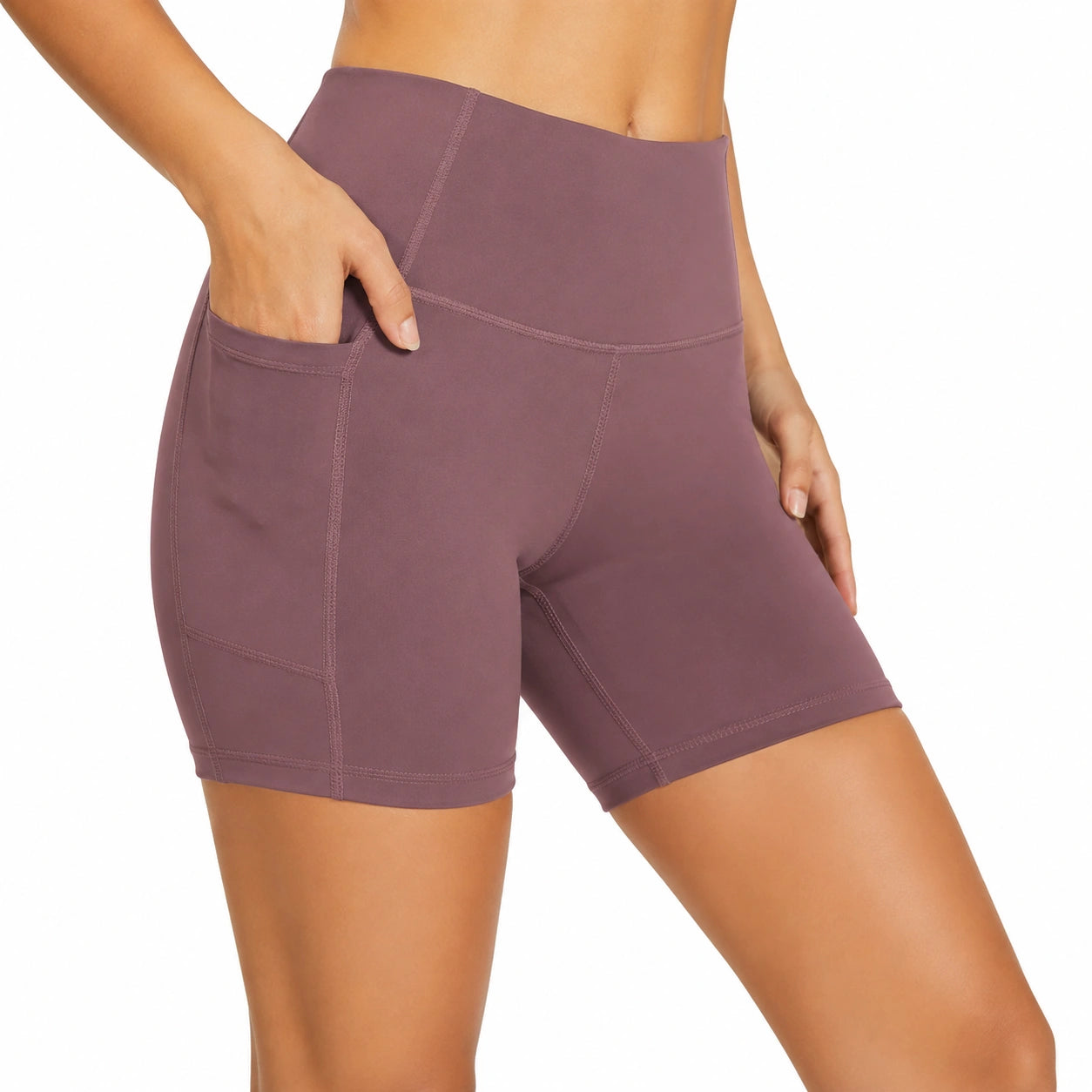 Pantaloncini sportivi donna S in tessuto elasticizzato malva a vita alta con tasche