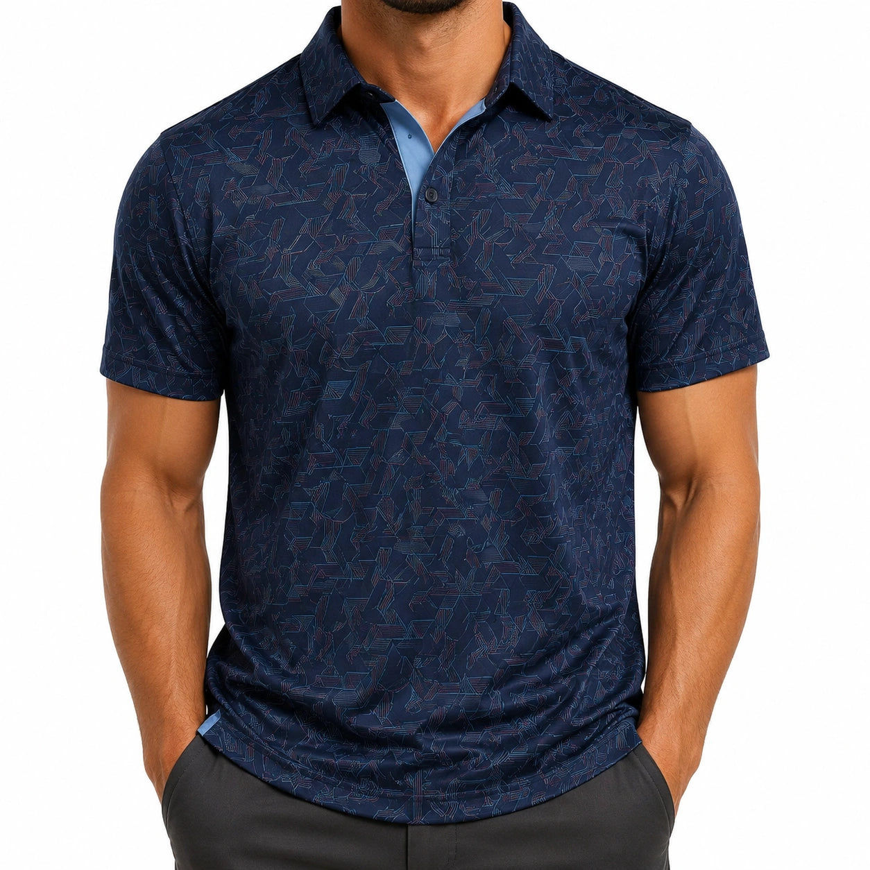 Polo da uomo taglia M in tessuto blu navy a maniche corte con motivo geometrico