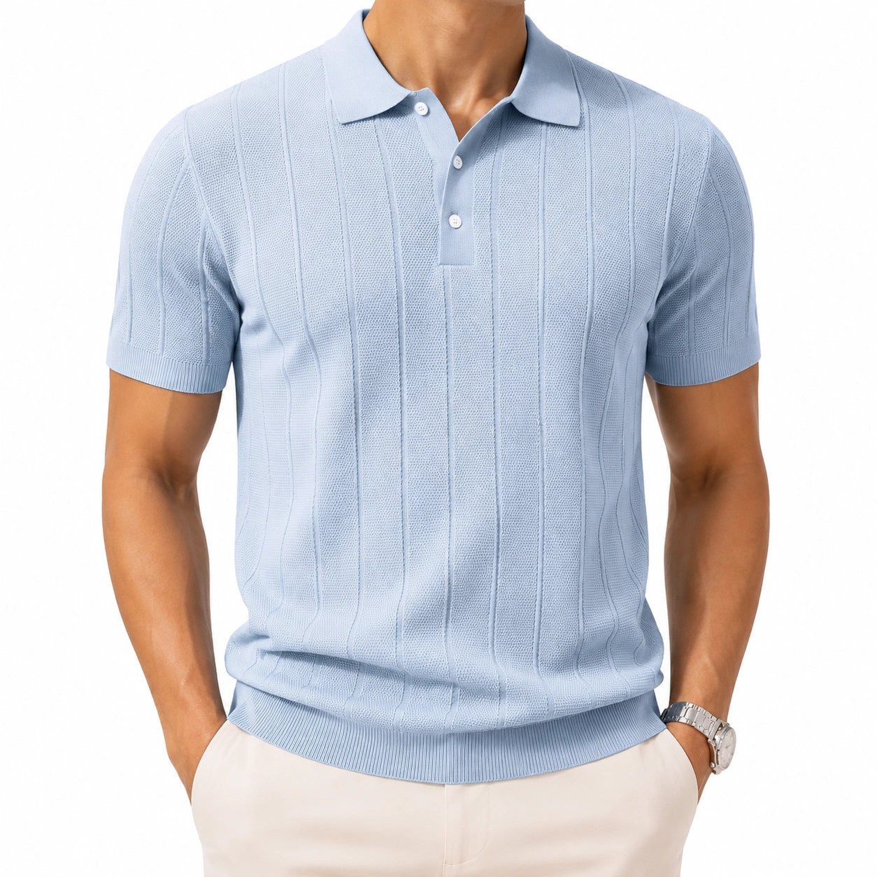 Polo da uomo taglia L in maglia azzurro chiaro a maniche corte con trama verticale