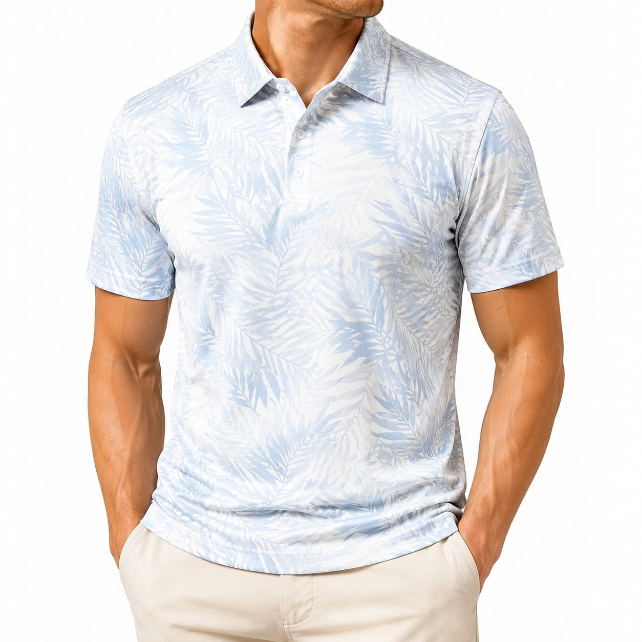 Polo uomo taglia L azzurro bianco con stampa foglie maniche corte