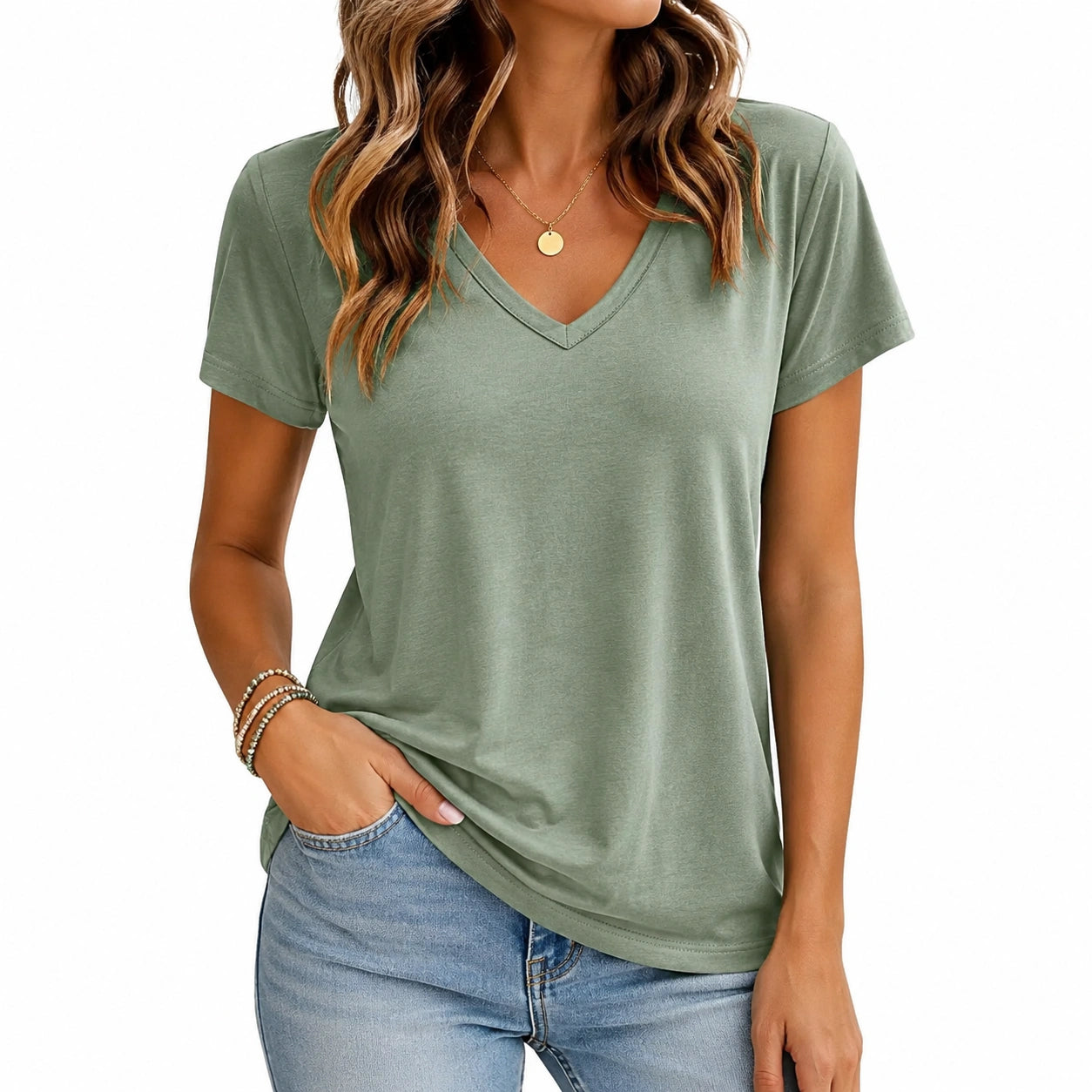 T-shirt donna taglia S verde salvia in jersey a manica corta casual