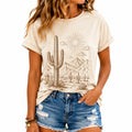 Maglietta donna S in cotone beige con stampa paesaggio stile casual