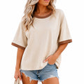 Maglietta donna L in tessuto beige a maniche corte con bordi a contrasto