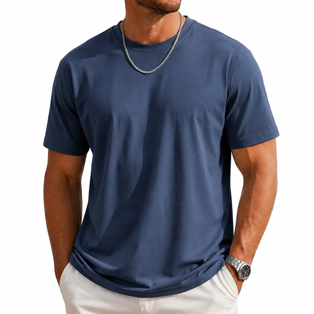 T-shirt uomo L in tessuto sintetico blu navy a manica corta girocollo