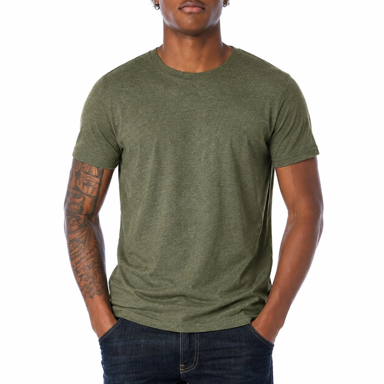 T-shirt da uomo L verde oliva in tessuto a maglia - girocollo casual a maniche corte